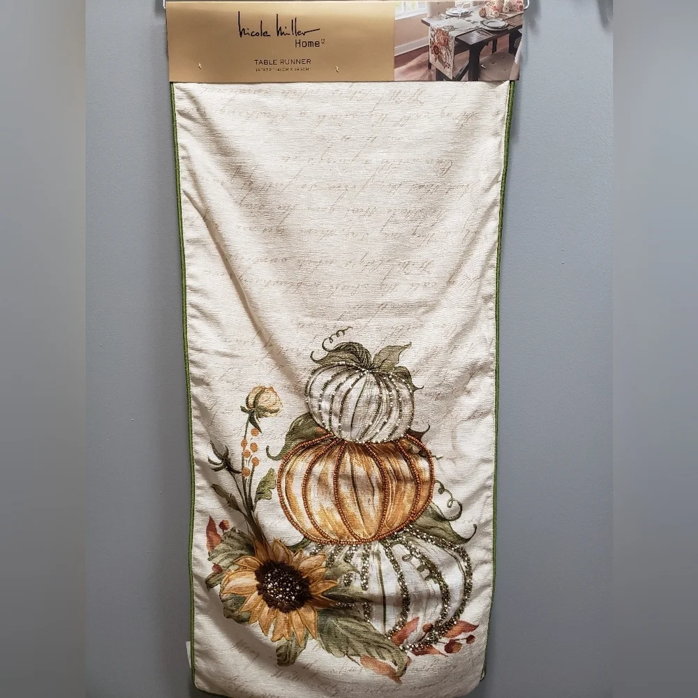 Nicole Miller Home NWT Beaded Pumpkins and Sunflowers Table Runner